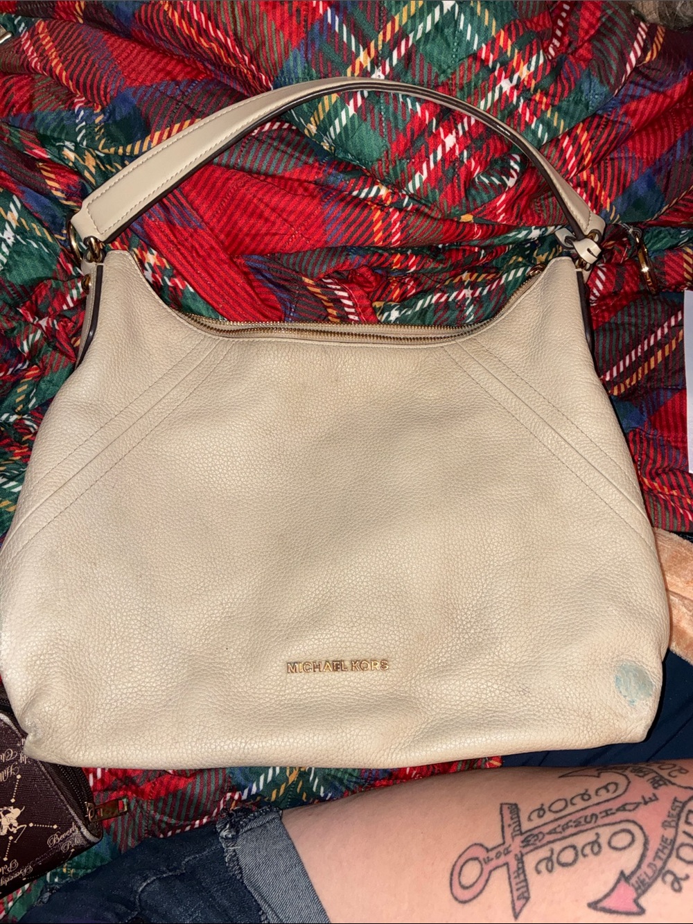 Michael Kors Beige Leather Shoulder Hobo Bag with Gold Logo